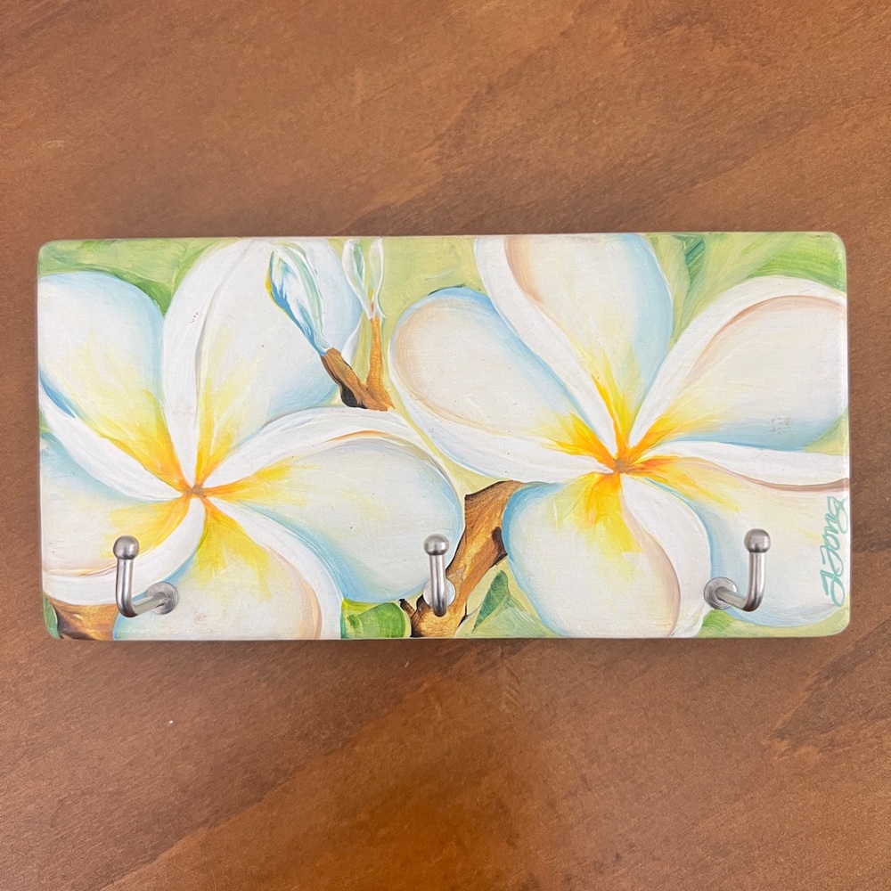 Wood Wall Key Hooks Rack Hand Painted Plumeria Artist Signed